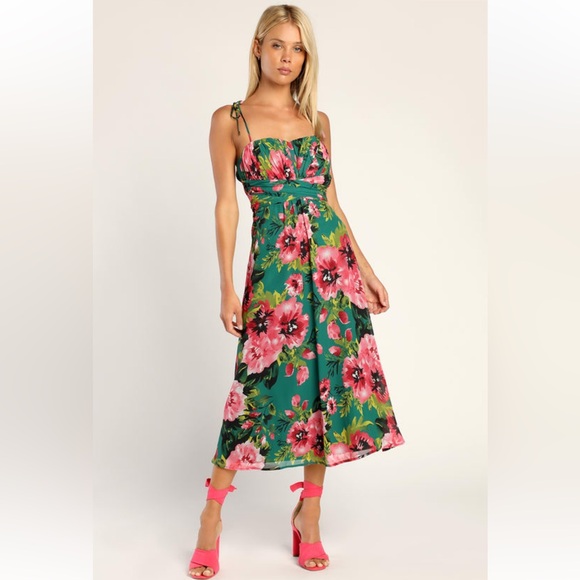 Lulus Pretty Poetic Green Floral Print Pleated Tie-Strap Midi Dress Large - Picture 1 of 9